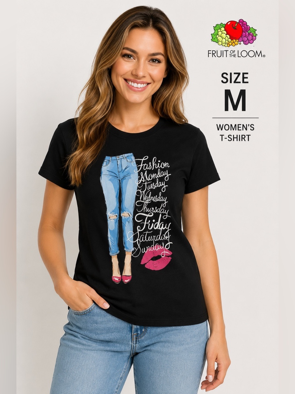 Fruit of the Loom Women’s Graphic T-Shirt Black Size M Fashion Days Tee